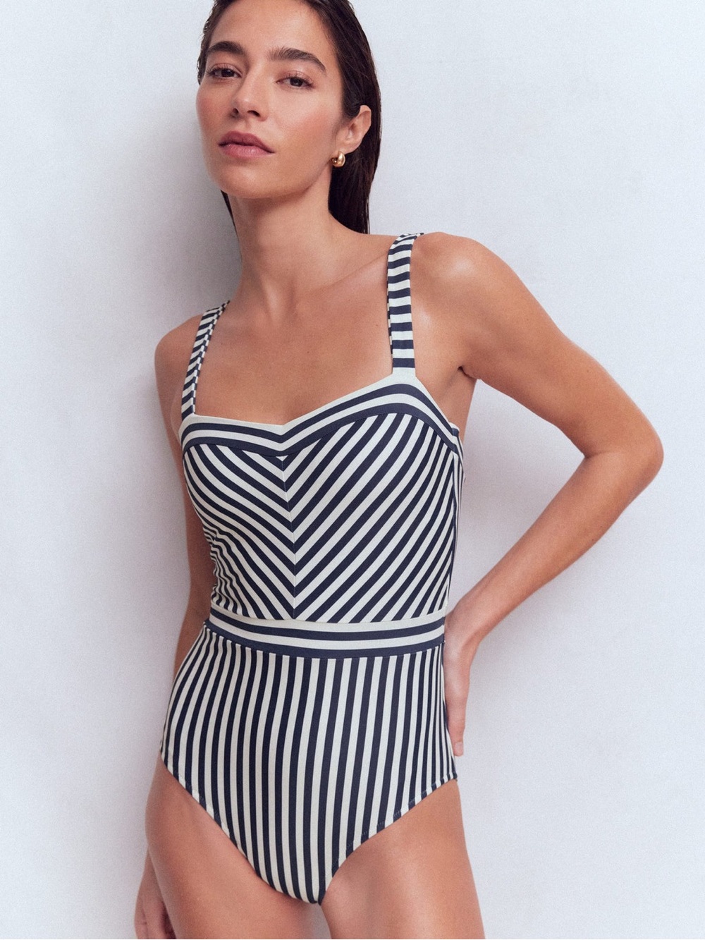 BODEN Women’s Clean Sweetheart Swimsuit  Navy and Ivory Stripe Size 6R New